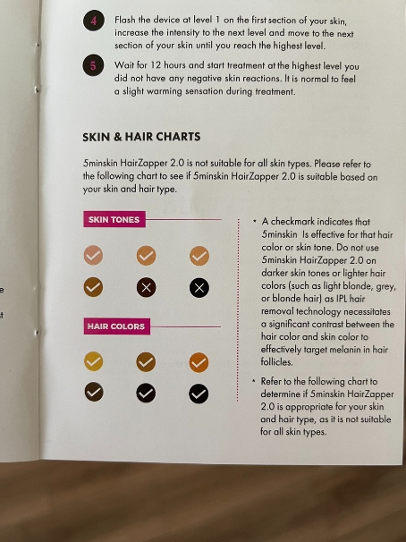 skin and hair color chart for HairZapper 2.0